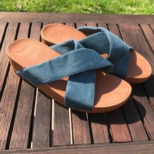 FitFlop denim platform comfort slide LULU sandal